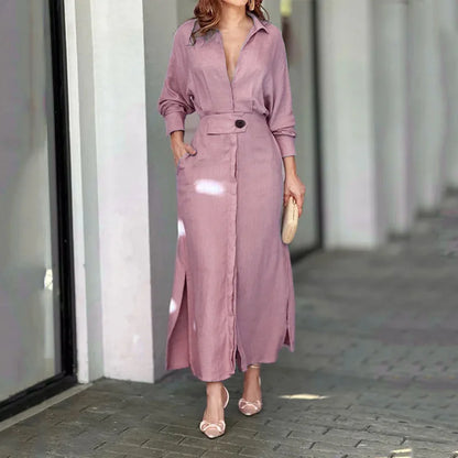Elegant Women's Long Shirt Dress with Belt, Long Sleeves, Pockets, and Side Slit