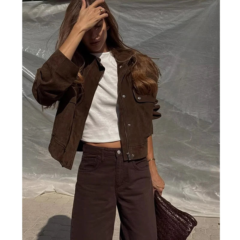 Women's Brown Suede Bomber Jacket, Oversized
