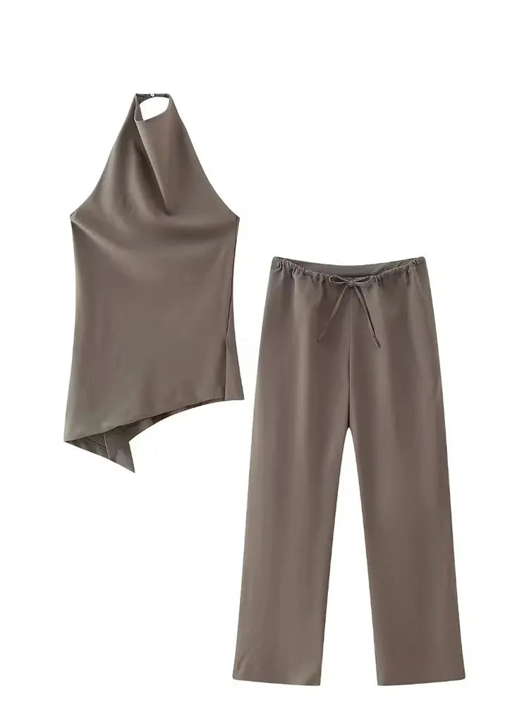 Women's Set: Asymmetrical Halter Top and Wide-Leg Pants
