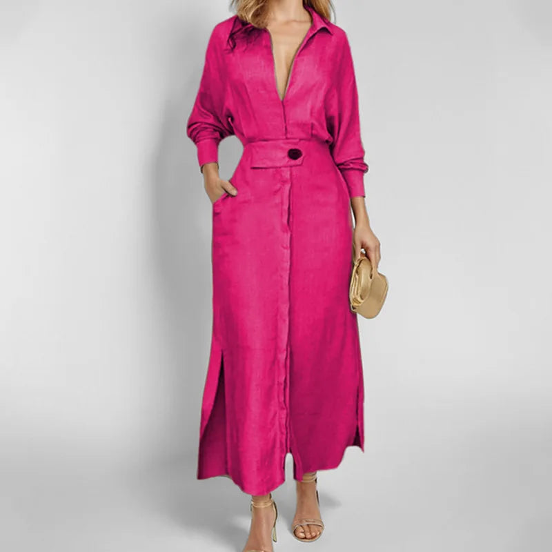 Elegant Women's Long Shirt Dress with Belt, Long Sleeves, Pockets, and Side Slit