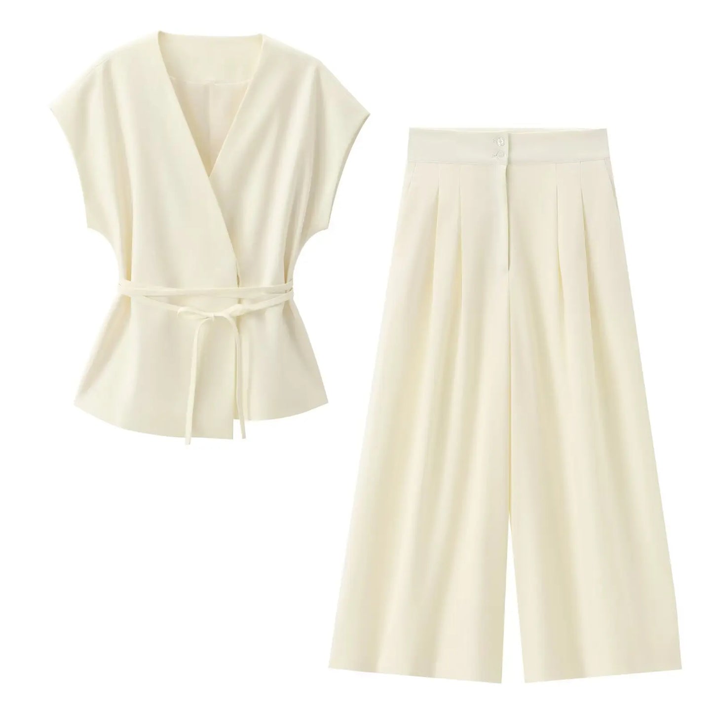 Women's Fashion pants and blouse set, consisting of a sleeveless blouse with a V-neck and tie detail, ideal for spring/summer.