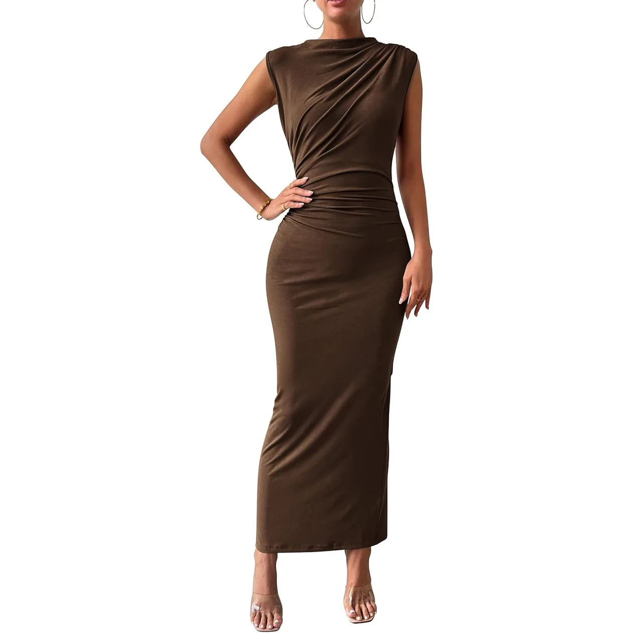 Elegant Women's Long Knit Dress, Fitted with Draping, Casual Chic Style