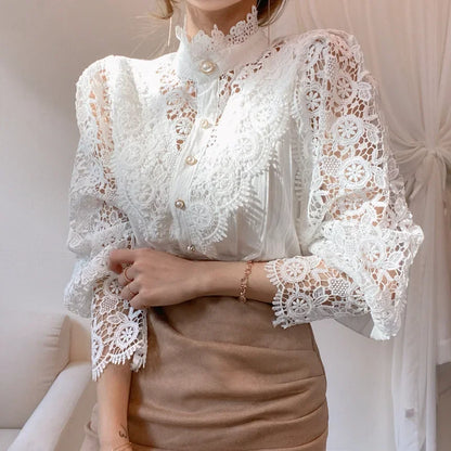 Women's Vintage Lace Blouse with High Neck and Puff Sleeve