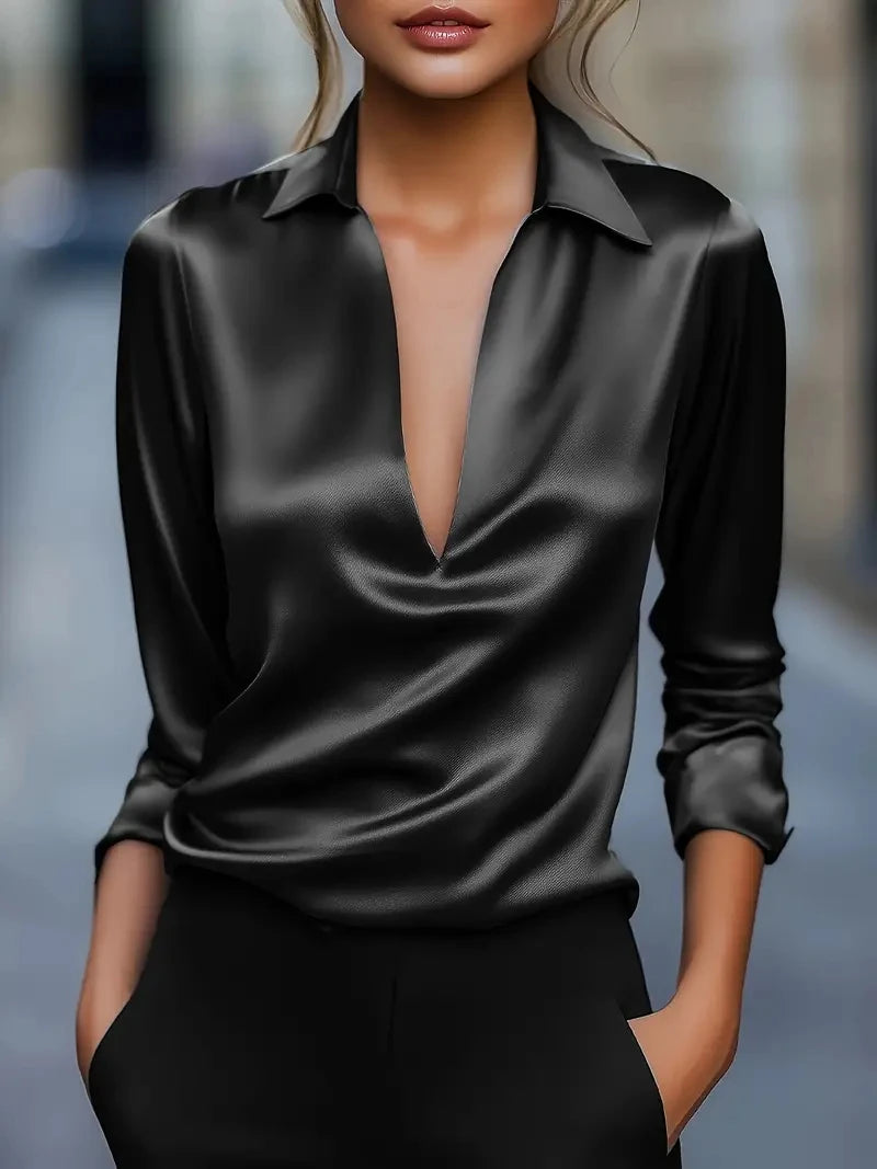 Women's Satin Blouse with Deep V-Neck and Long Sleeves