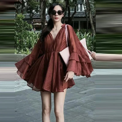 Women's Short Brown Dress with Flare Sleeves and Ruffles, Boho Chic Style, in Chiffon