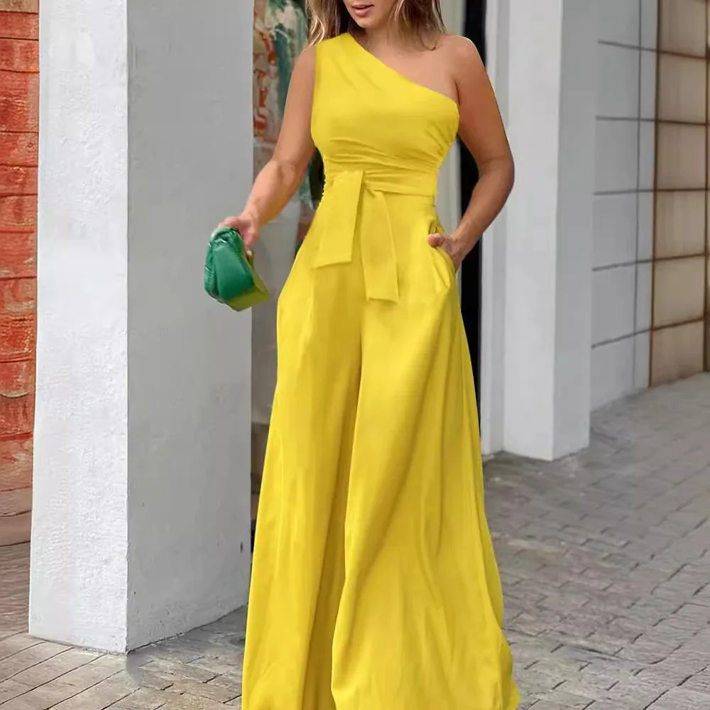 Women's Jumpsuit with Elegant Off-Shoulder Tailoring, Wide Leg, Chic Formal Look