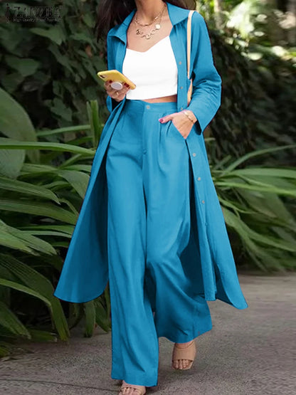 Women's Spring Long-Sleeved Top and Pants Set, Modern Streetwear Style. Two-piece set with long-sleeved top and wide-leg pants.