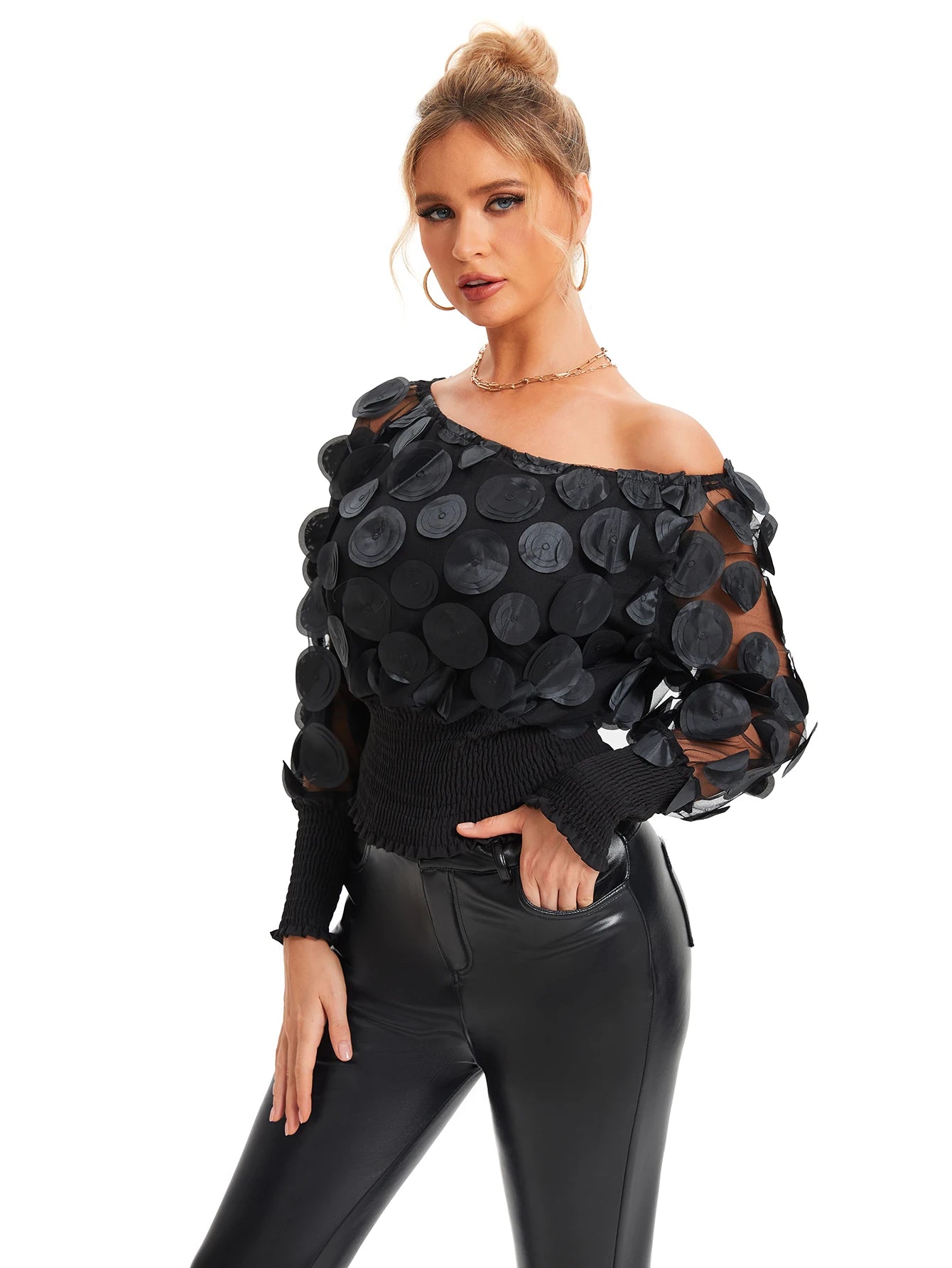 Women's Black Off-the-Shoulder Blouse with 3D Appliqués, Long Transparent Sleeves, and Elasticated Body