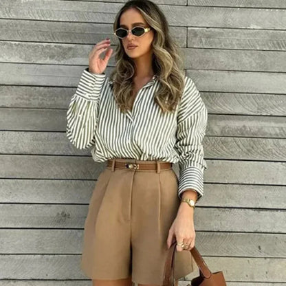 Women's Striped Casual Elegant Shirt, Button-Down Dress Shirt, Long-Sleeved Striped Blouse