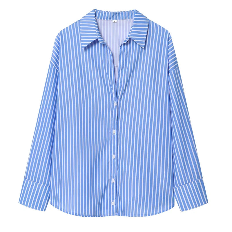 Women's Striped Casual Elegant Shirt, Button-Down Dress Shirt, Long-Sleeved Striped Blouse