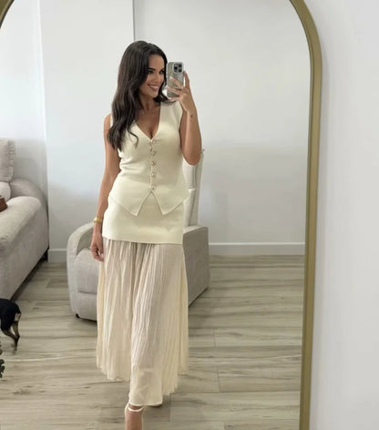 Women's Knit Vest with Gold Buttons, Fitted Waist, Sleeveless, Elegant and Versatile