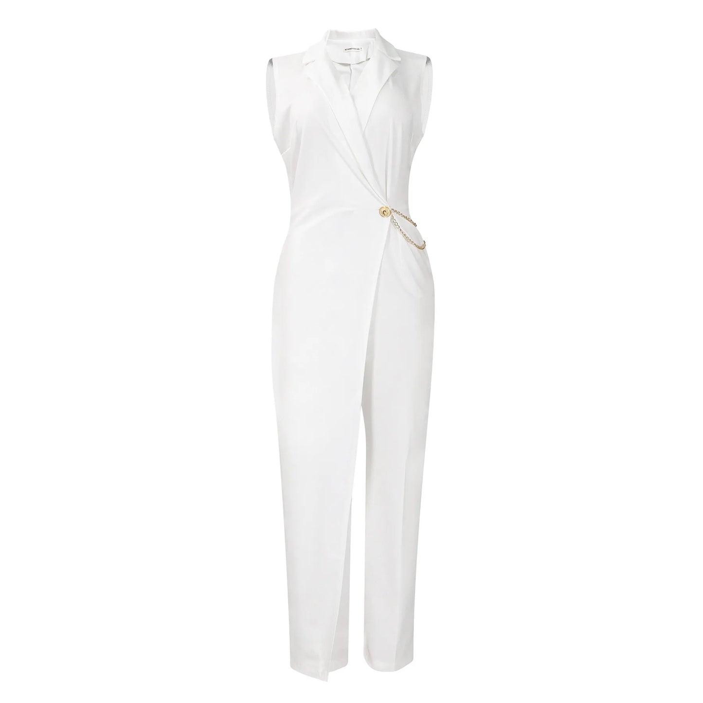 Elegant Wide Leg Jumpsuit Women's Fashion High Waist Chain Detail Loose Fit Suit Collar Top Polyester Blend Comfortable