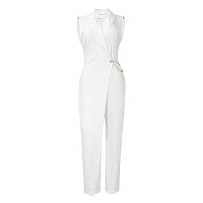 Elegant Wide Leg Jumpsuit Women's Fashion High Waist Chain Detail Loose Fit Suit Collar Top Polyester Blend Comfortable