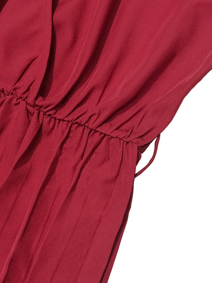 Elegant Women's Long Red Dress with Long Sleeves and Waist Tie, Pleated