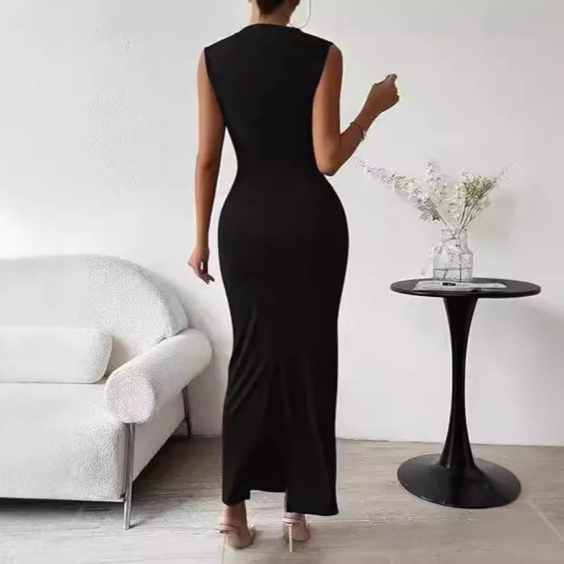 Elegant Women's Long Knit Dress, Fitted with Draping, Casual Chic Style