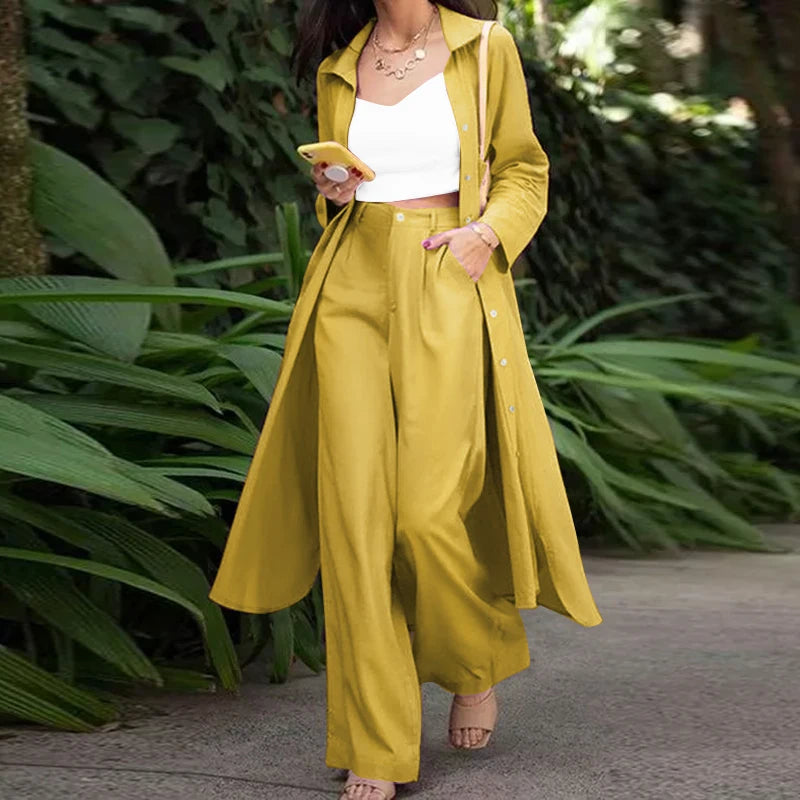 Women's Spring Long-Sleeved Top and Pants Set, Modern Streetwear Style. Two-piece set with long-sleeved top and wide-leg pants.
