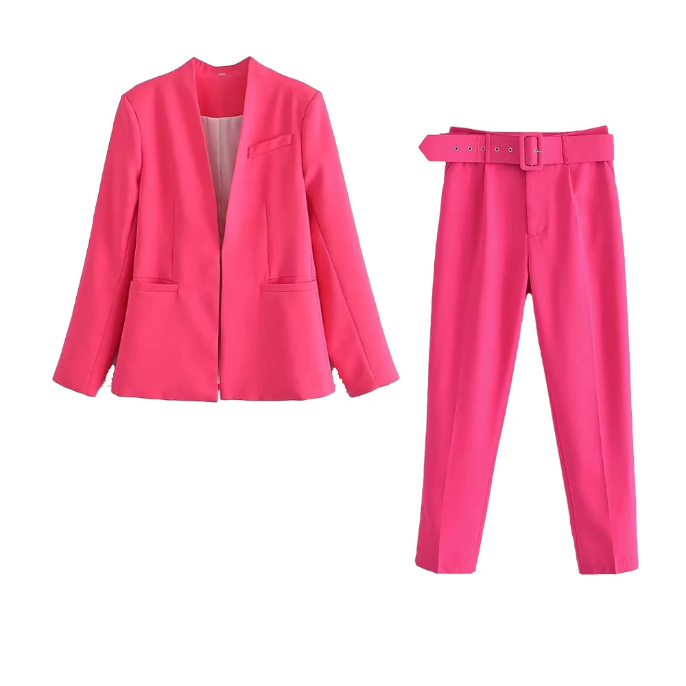 Women's Formal Suit: Blazer and Tailored Trousers with Belt