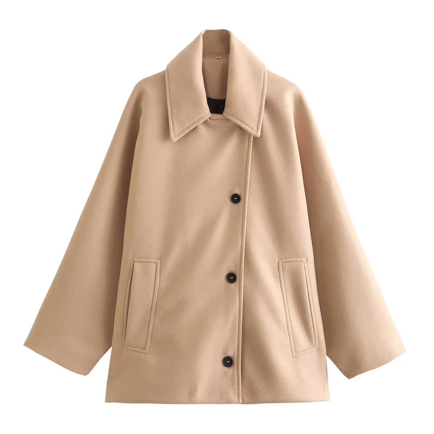 Women's Winter Oversized Wool Coat, Elegant Short Overcoat with Buttons and Pockets | Neutral Tones