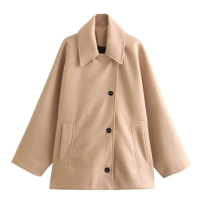 Women's Winter Oversized Wool Coat, Elegant Short Overcoat with Buttons and Pockets | Neutral Tones