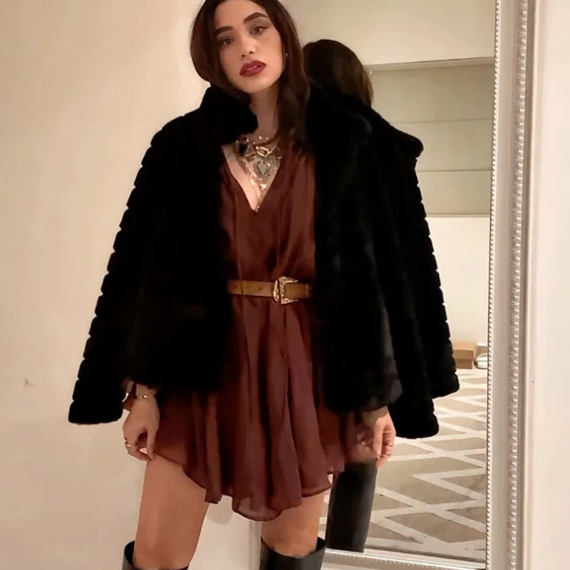 Women's Short Brown Dress with Flare Sleeves and Ruffles, Boho Chic Style, in Chiffon