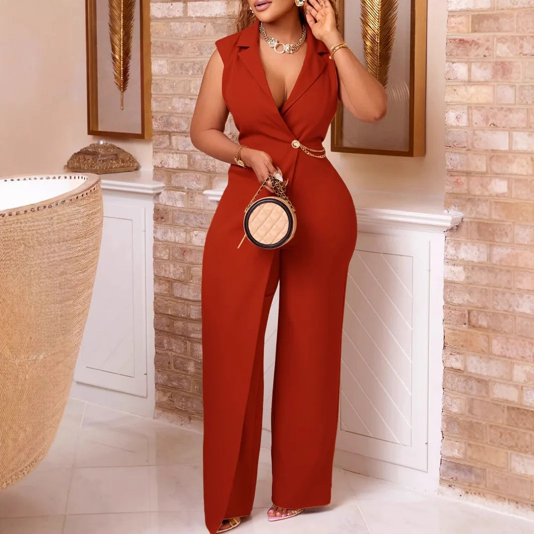 Elegant Wide Leg Jumpsuit Women's Fashion High Waist Chain Detail Loose Fit Suit Collar Top Polyester Blend Comfortable