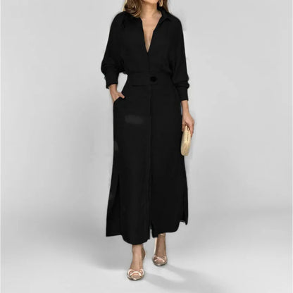 Elegant Women's Long Shirt Dress with Belt, Long Sleeves, Pockets, and Side Slit