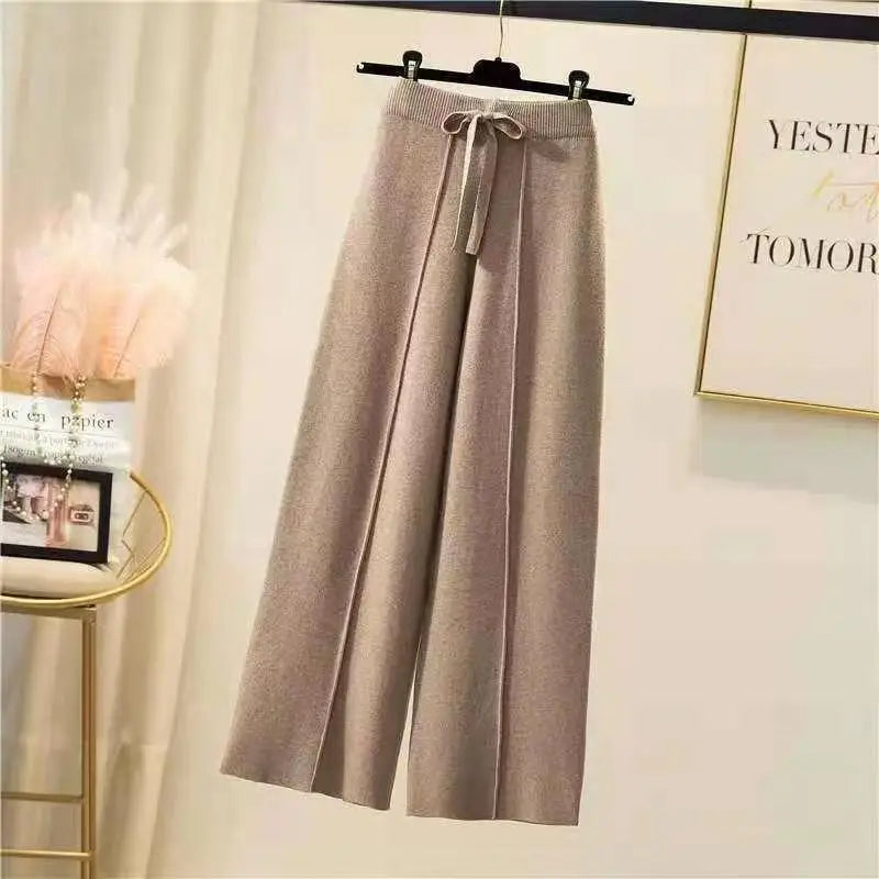 Women's Wide Leg Knit Pants for Winter, High Waist and Adjustable Drawstring