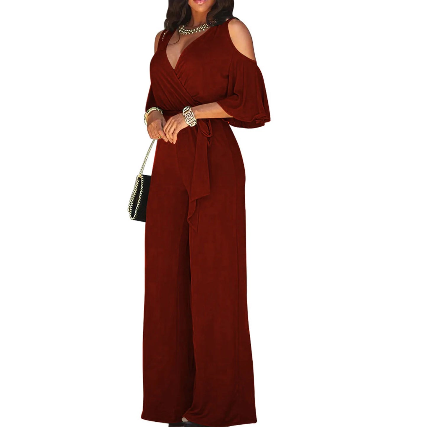 Women's Jumpsuit with Cutout Shoulder, Elegant 3/4 Sleeves, Wide Leg, and Wrap Neckline