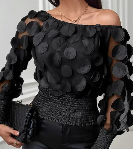 Women's Black Off-the-Shoulder Blouse with 3D Appliqués, Long Transparent Sleeves, and Elasticated Body