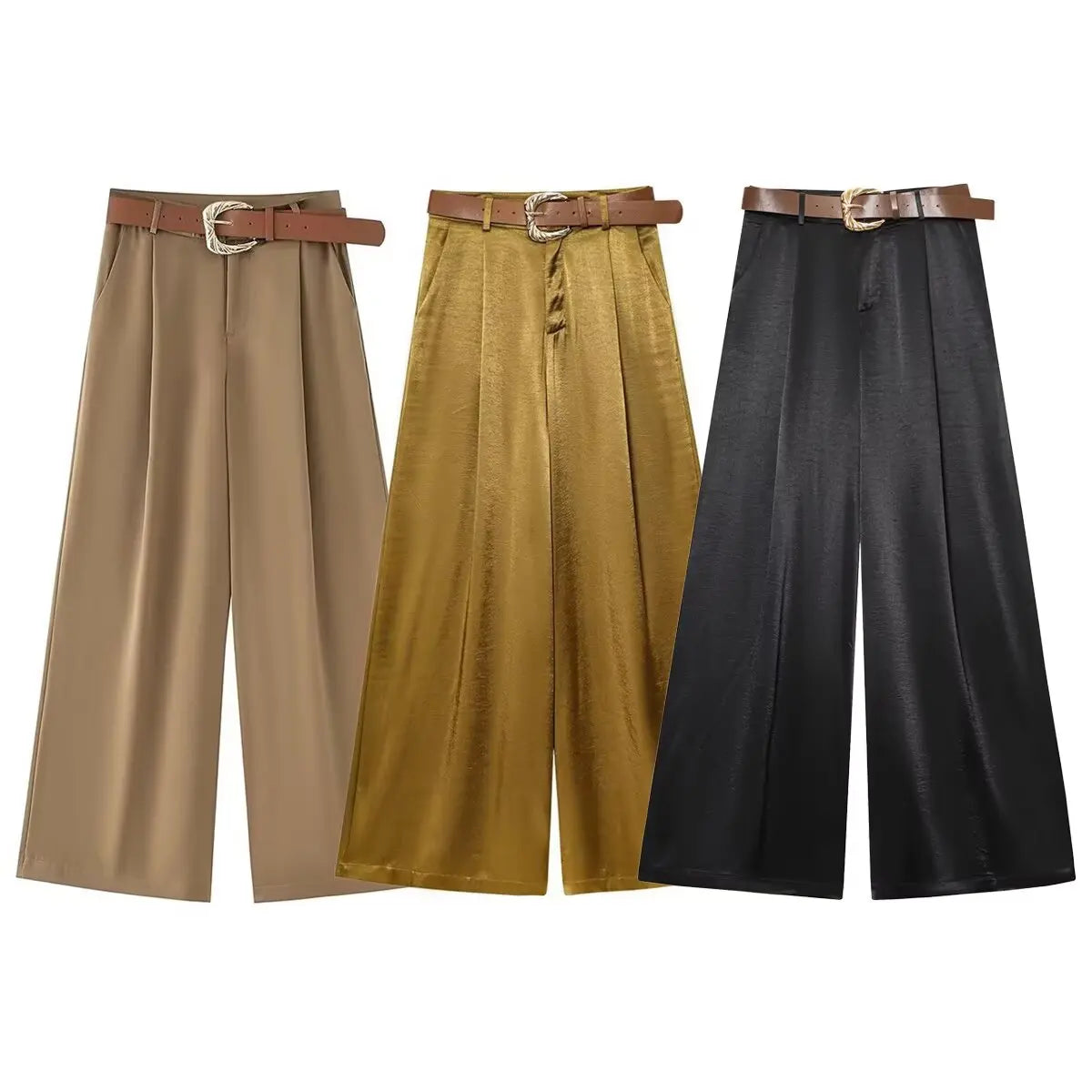 Women's Wide Leg Trousers with Belt, Elegant, Satin Tailored Fabric, High Waist