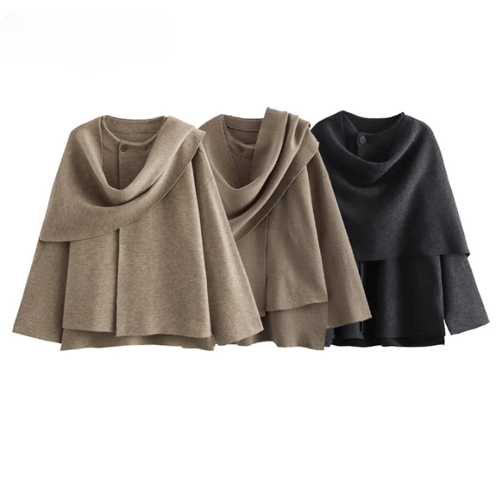 Women's Winter Poncho Coat with Draped Collar, Elegant Wool Cape Blouse, Autumn/Winter Fashion