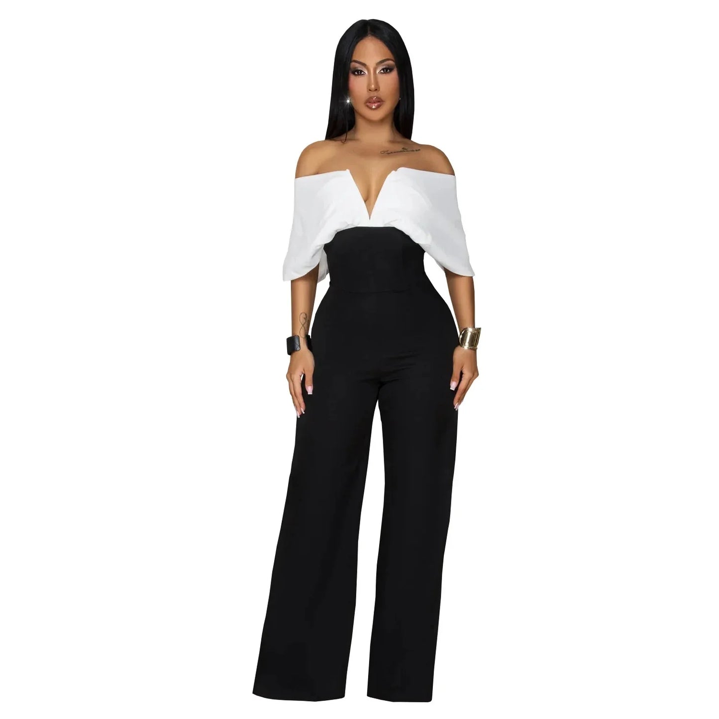 Women's Off-the-Shoulder Jumpsuit, Black and White