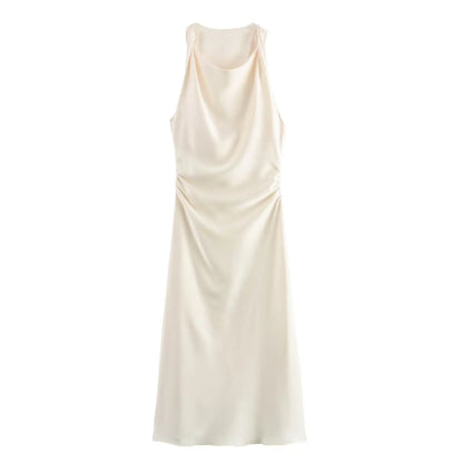 Women's Satin Midi Slip Dress, Elegant with Drape