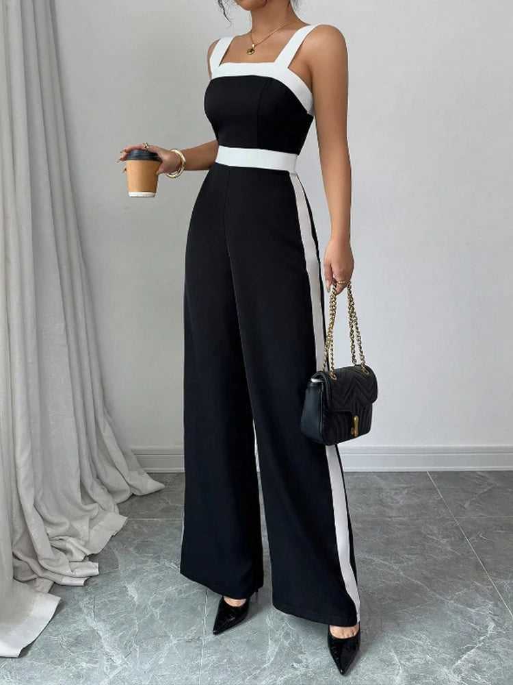 Women's Black and White Elegant Wide-Leg Jumpsuit