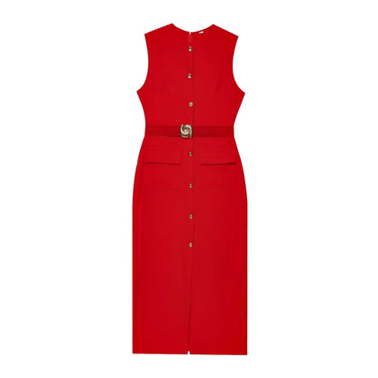 Women's Midi Formal Dress with Buttons and Slit