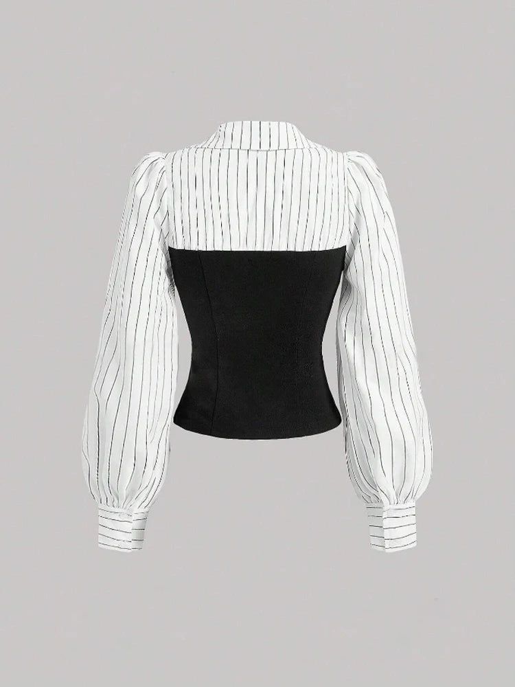 Women's Formal Blouse with Black Corset and Striped Long-Sleeved Shirt, Elegant and Modern