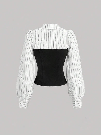 Women's Formal Blouse with Black Corset and Striped Long-Sleeved Shirt, Elegant and Modern