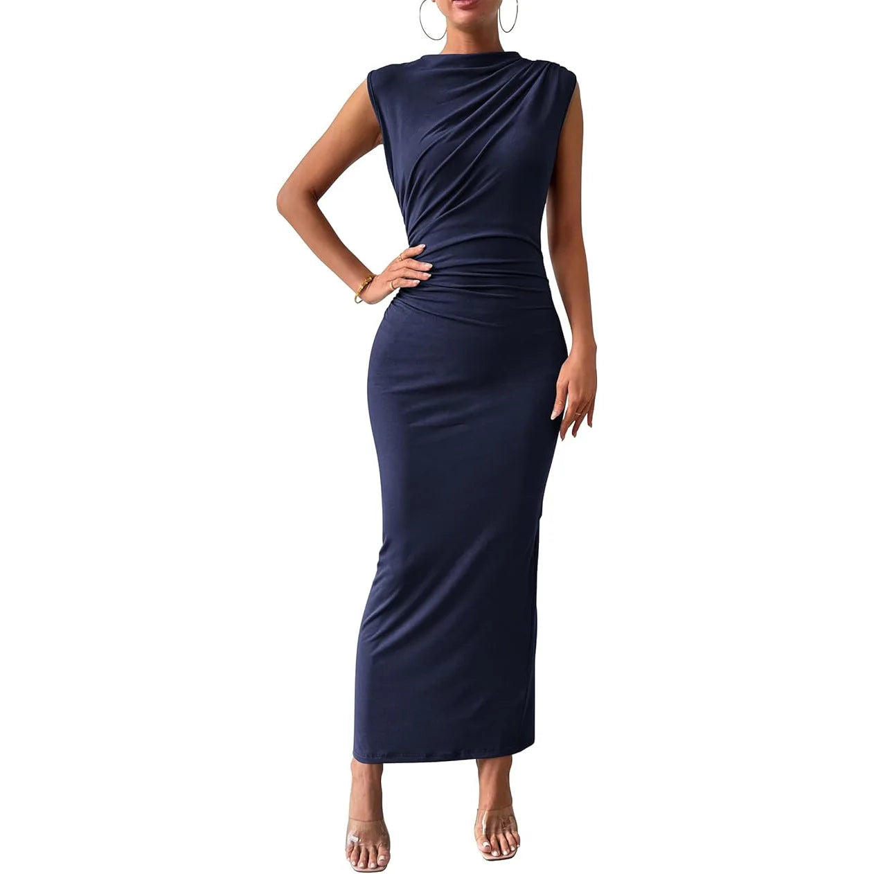 Elegant Women's Long Knit Dress, Fitted with Draping, Casual Chic Style