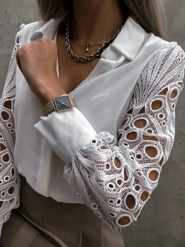 Women's Satin Shirt with Long Sleeves and Openwork Lace - Elegant for Work or Events