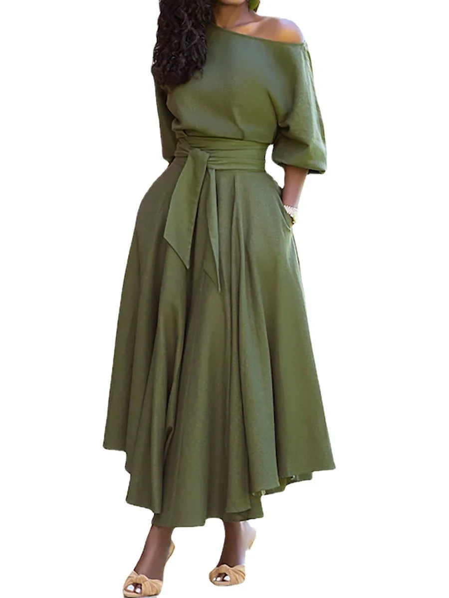 Elegant women's off-the-shoulder midi dress with a flared silhouette, defined waist, and pockets
