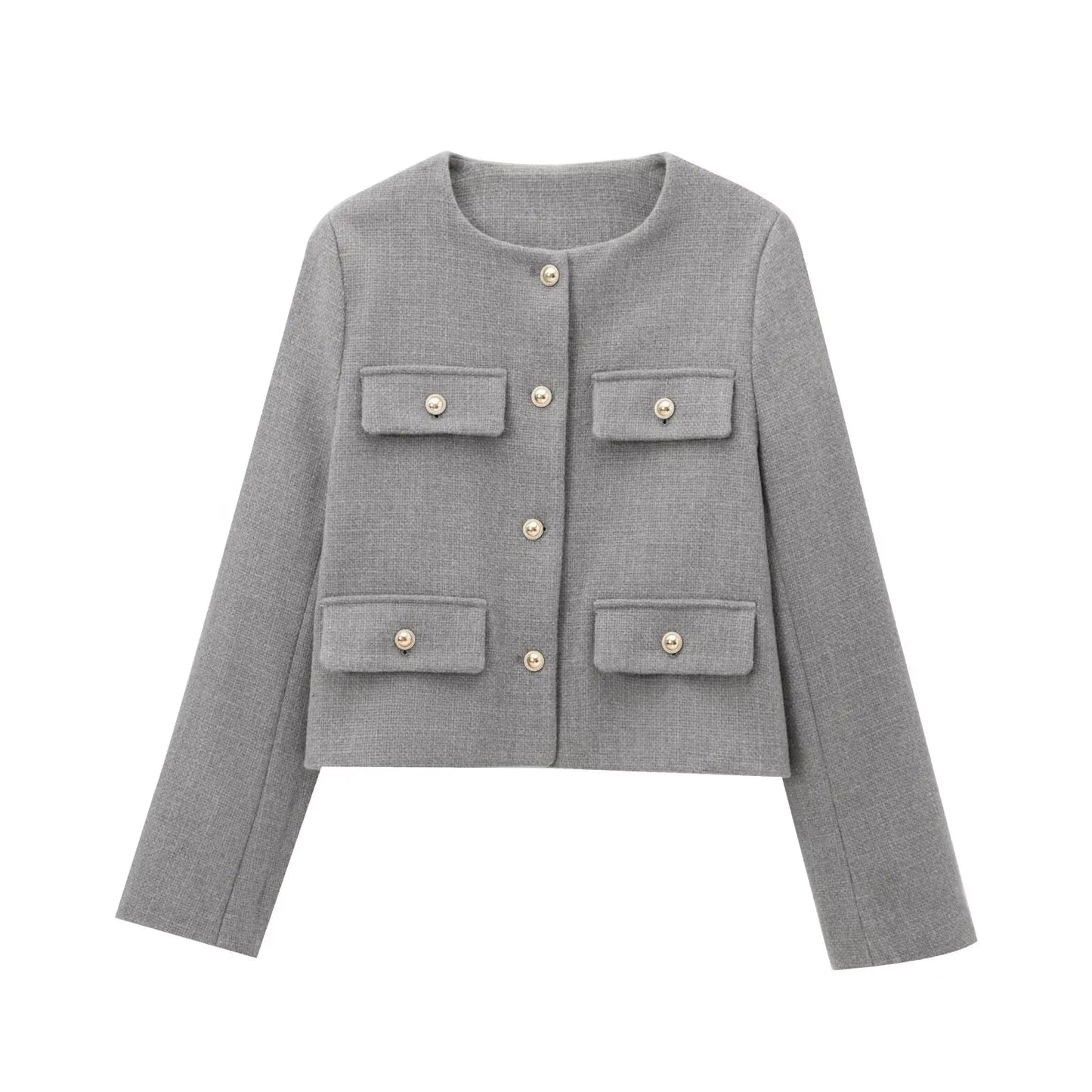 Women's Short Tweed Jacket with Buttons, Elegant Style