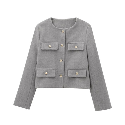 Women's Short Tweed Jacket with Buttons, Elegant Style
