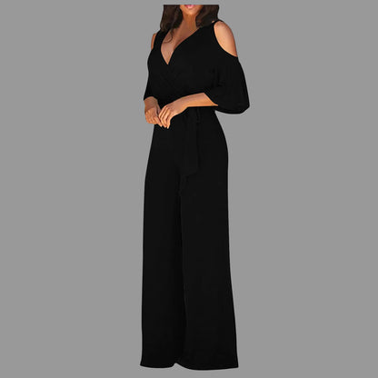 Women's Jumpsuit with Cutout Shoulder, Elegant 3/4 Sleeves, Wide Leg, and Wrap Neckline