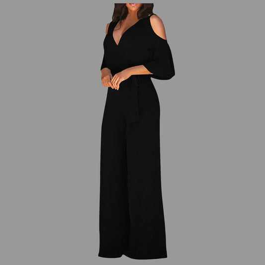 Women's Jumpsuit with Cutout Shoulder, Elegant 3/4 Sleeves, Wide Leg, and Wrap Neckline