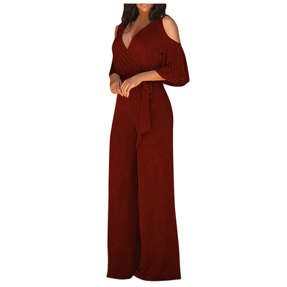 Women's Jumpsuit with Cutout Shoulder, Elegant 3/4 Sleeves, Wide Leg, and Wrap Neckline