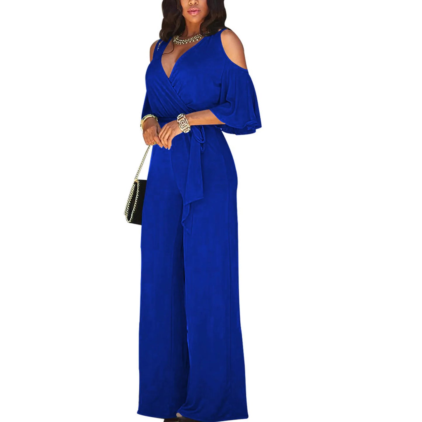 Women's Jumpsuit with Cutout Shoulder, Elegant 3/4 Sleeves, Wide Leg, and Wrap Neckline