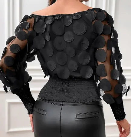 Women's Black Off-the-Shoulder Blouse with 3D Appliqués, Long Transparent Sleeves, and Elasticated Body