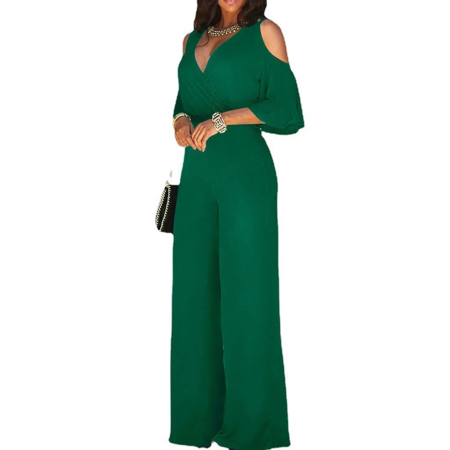 Women's Jumpsuit with Cutout Shoulder, Elegant 3/4 Sleeves, Wide Leg, and Wrap Neckline
