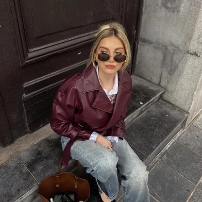 Women's Oversized Faux Leather Cropped Jacket, Puff Sleeves, Fashion Blogger Style