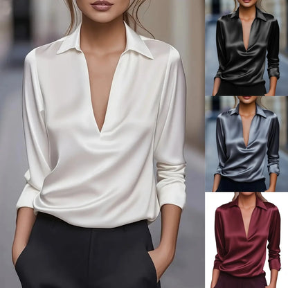 Women's Satin Blouse with Deep V-Neck and Long Sleeves